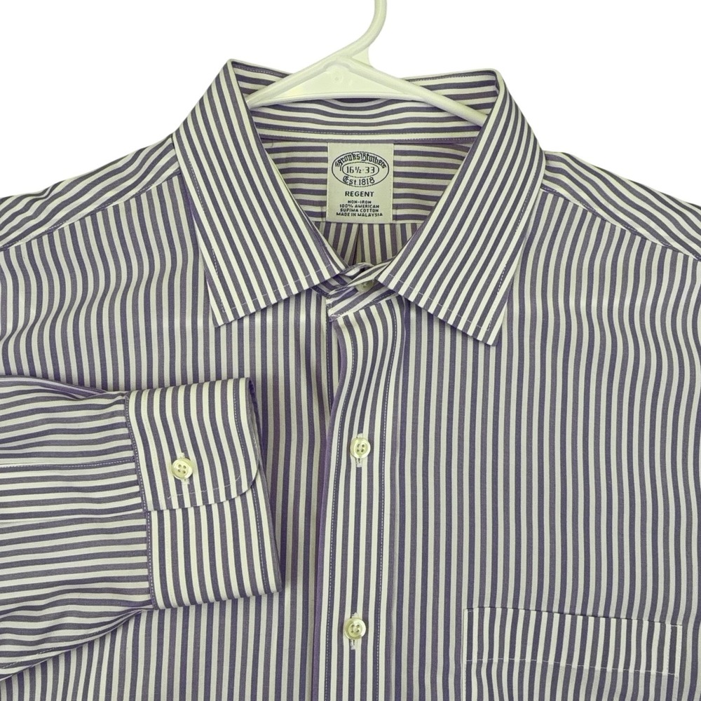 Brooks Brothers Shirt Mens 16.5-33 Purple Stripe Regent Non Iron Supima Cotton
